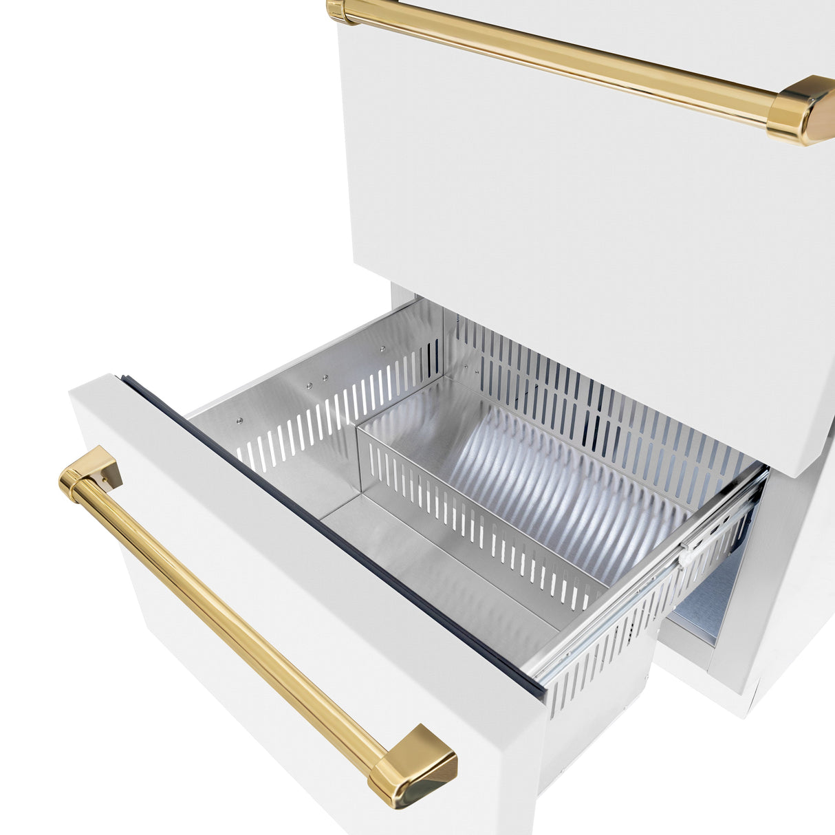 ZLINE Autograph Edition 24 in. Touchstone 168 Can Outdoor-Rated Dual Refrigerator Drawer with White Matte Doors and Polished Gold Handles (RDSOZ-WM-24-G)