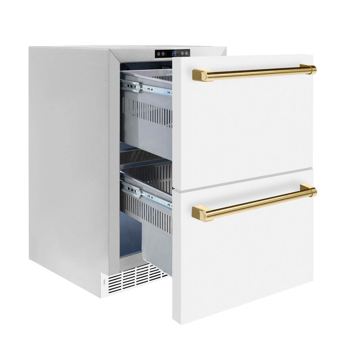 ZLINE Autograph Edition 24 in. Touchstone 168 Can Outdoor-Rated Dual Refrigerator Drawer with White Matte Doors and Polished Gold Handles (RDSOZ-WM-24-G)