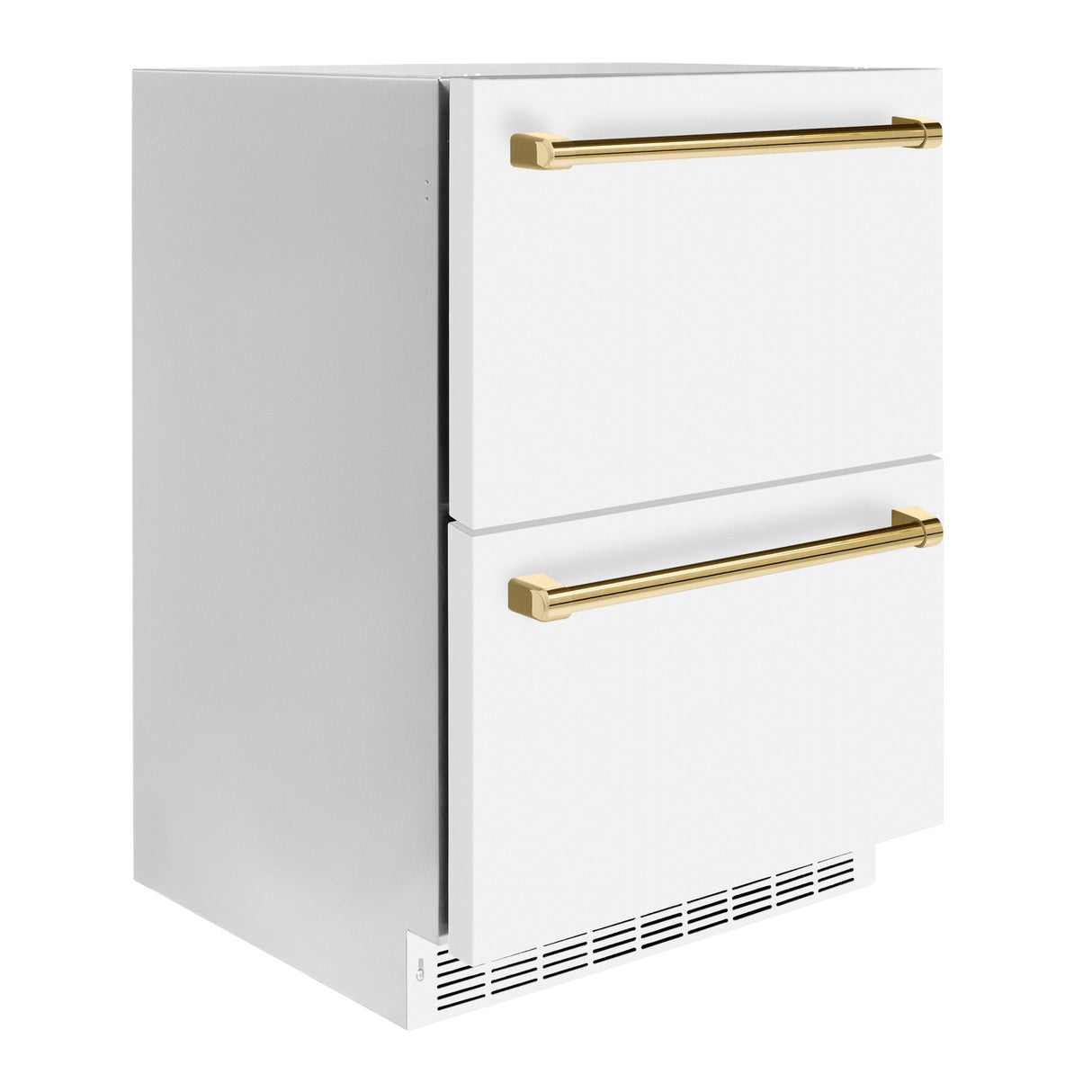 ZLINE Autograph Edition 24 in. Touchstone 168 Can Outdoor-Rated Dual Refrigerator Drawer with White Matte Doors and Polished Gold Handles (RDSOZ-WM-24-G)