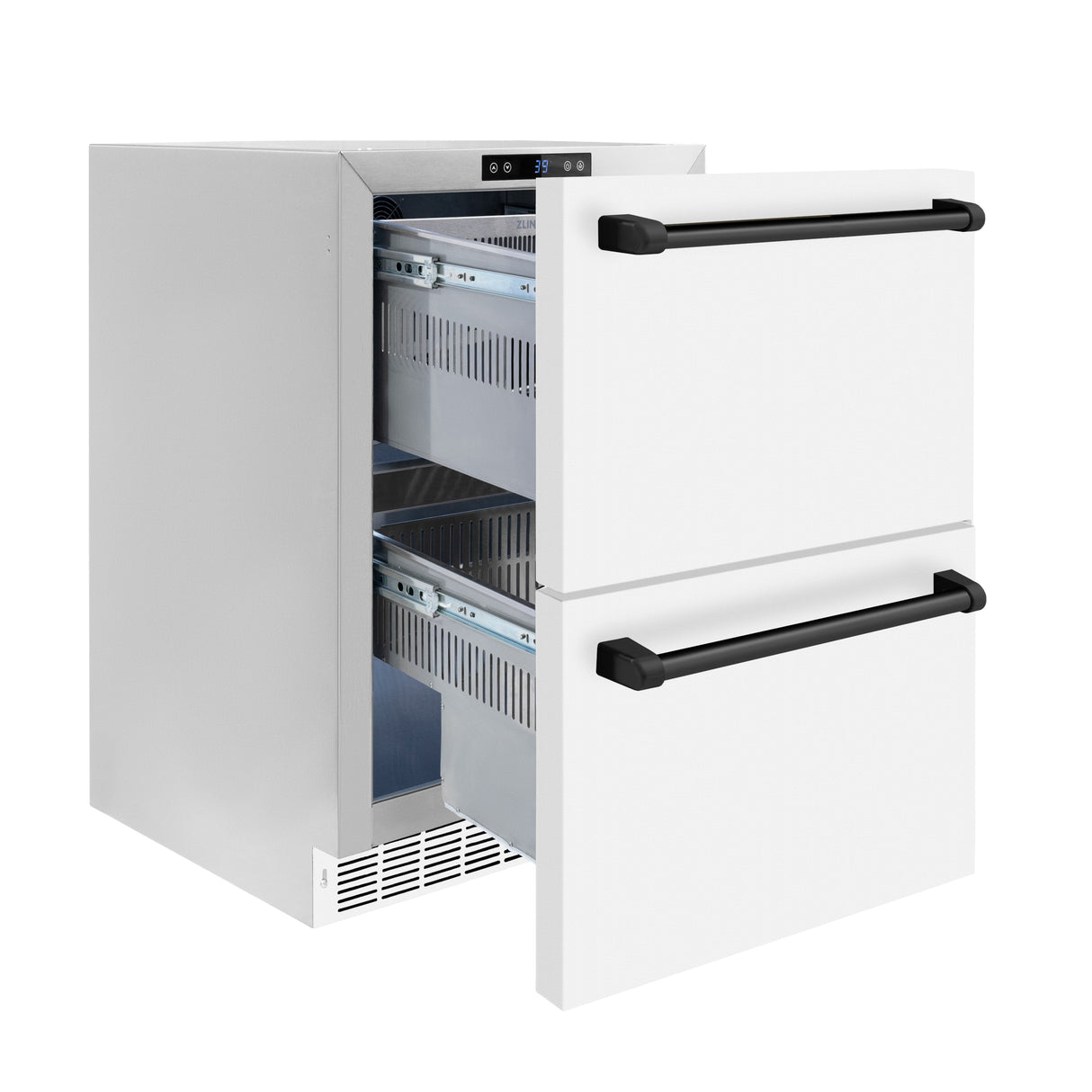 ZLINE Autograph Edition 24 in. Touchstone 168 Can Outdoor-Rated Dual Refrigerator Drawer with White Matte Doors and Matte Black Handles (RDSOZ-WM-24-MB)