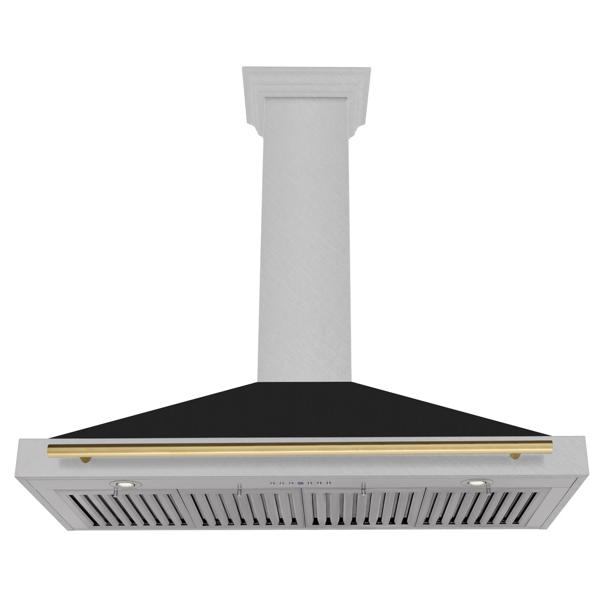 ZLINE Autograph Edition 48 in. Convertible Satin Stainless Steel Wall Mount Range Hood with Black Matte Shell and Polished Gold Handle (KB4SNZ-BLM48-G)