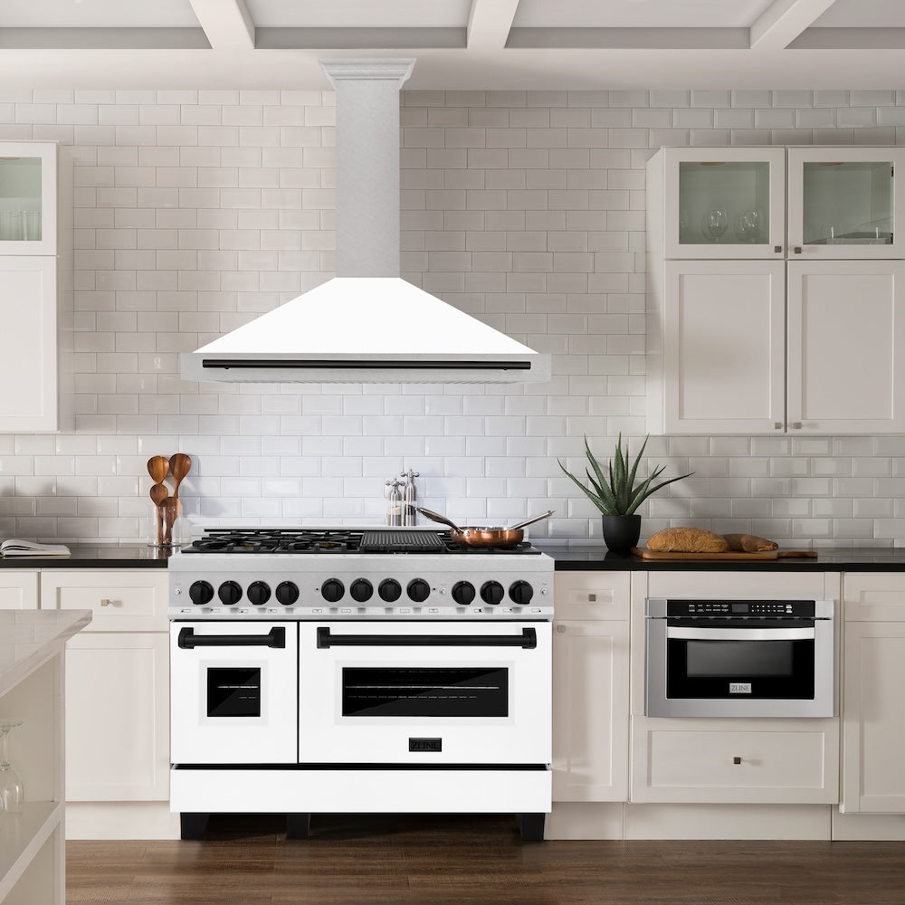ZLINE 48 in. Autograph Edition Convertible Fingerprint Resistant DuraSnow® Stainless Steel Range Hood with White Matte Shell and Matte Black Handle (KB4SNZ-WM48-MB)