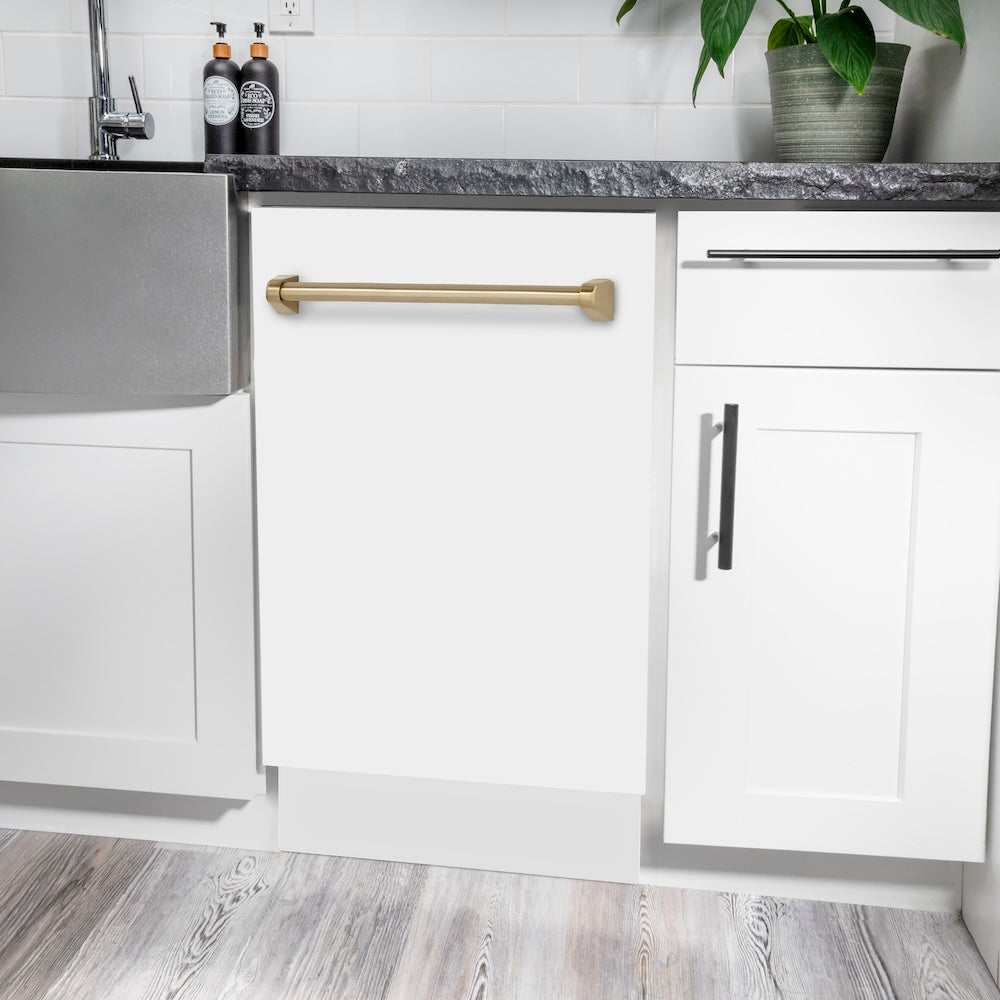 ZLINE Autograph Edition 18” Tallac Series 3rd Rack Top Control Built-In Dishwasher in White Matte with Champagne Bronze Handle, 51dBa (DWVZ-WM-18-CB)