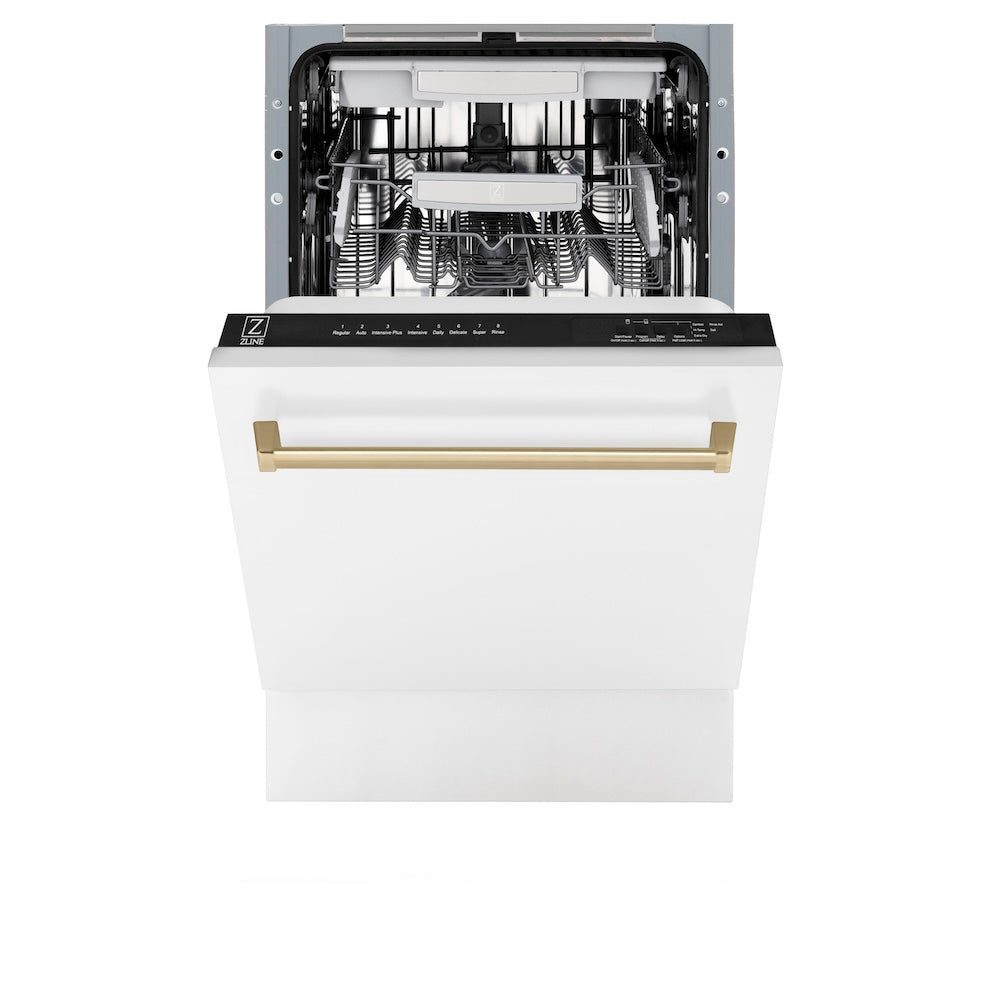 ZLINE Autograph Edition 18” Tallac Series 3rd Rack Top Control Built-In Dishwasher in White Matte with Champagne Bronze Handle, 51dBa (DWVZ-WM-18-CB)