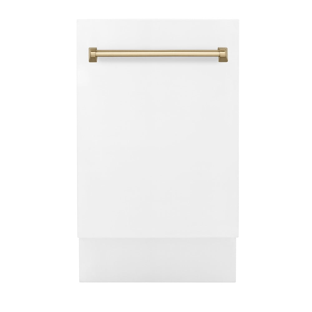 ZLINE Autograph Edition 18” Tallac Series 3rd Rack Top Control Built-In Dishwasher in White Matte with Champagne Bronze Handle, 51dBa (DWVZ-WM-18-CB)