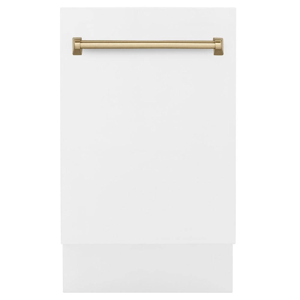 ZLINE Autograph Edition 18” Tallac Series 3rd Rack Top Control Built-In Dishwasher in White Matte with Champagne Bronze Handle, 51dBa (DWVZ-WM-18-CB)