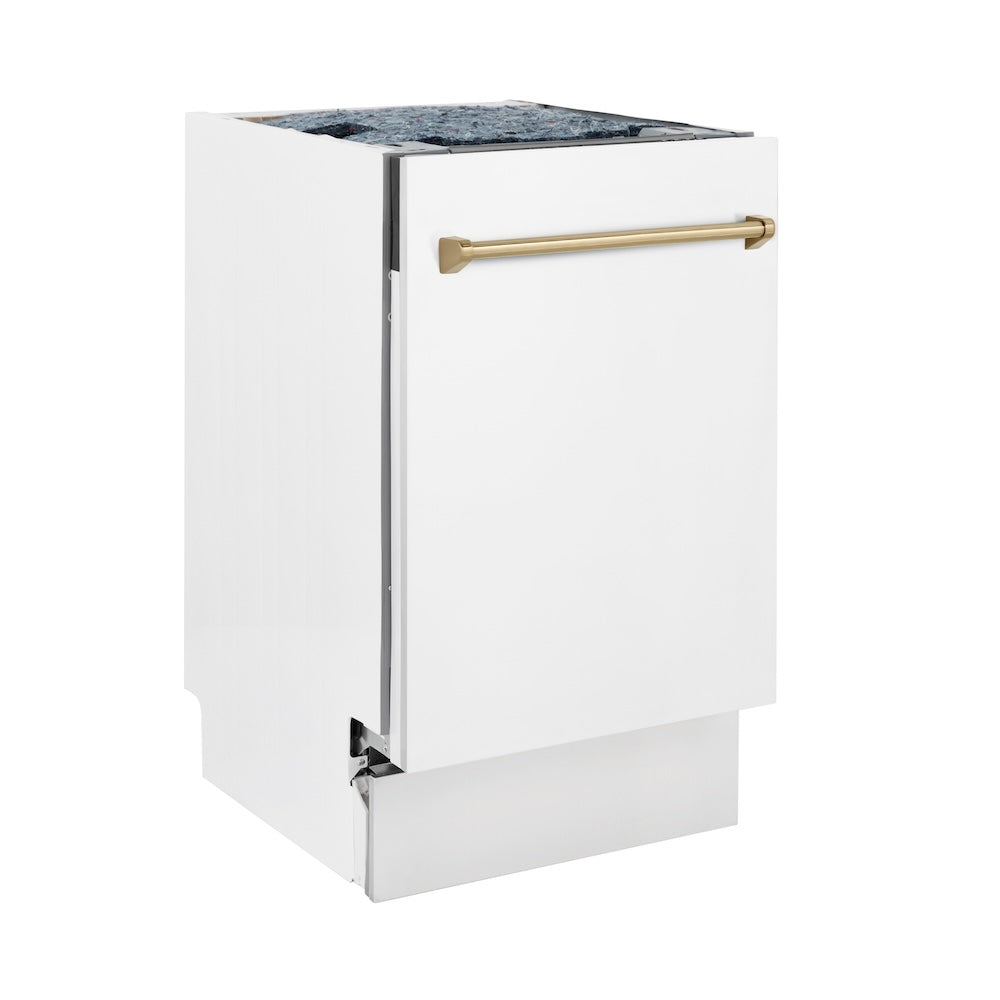 ZLINE Autograph Edition 18” Tallac Series 3rd Rack Top Control Built-In Dishwasher in White Matte with Champagne Bronze Handle, 51dBa (DWVZ-WM-18-CB)
