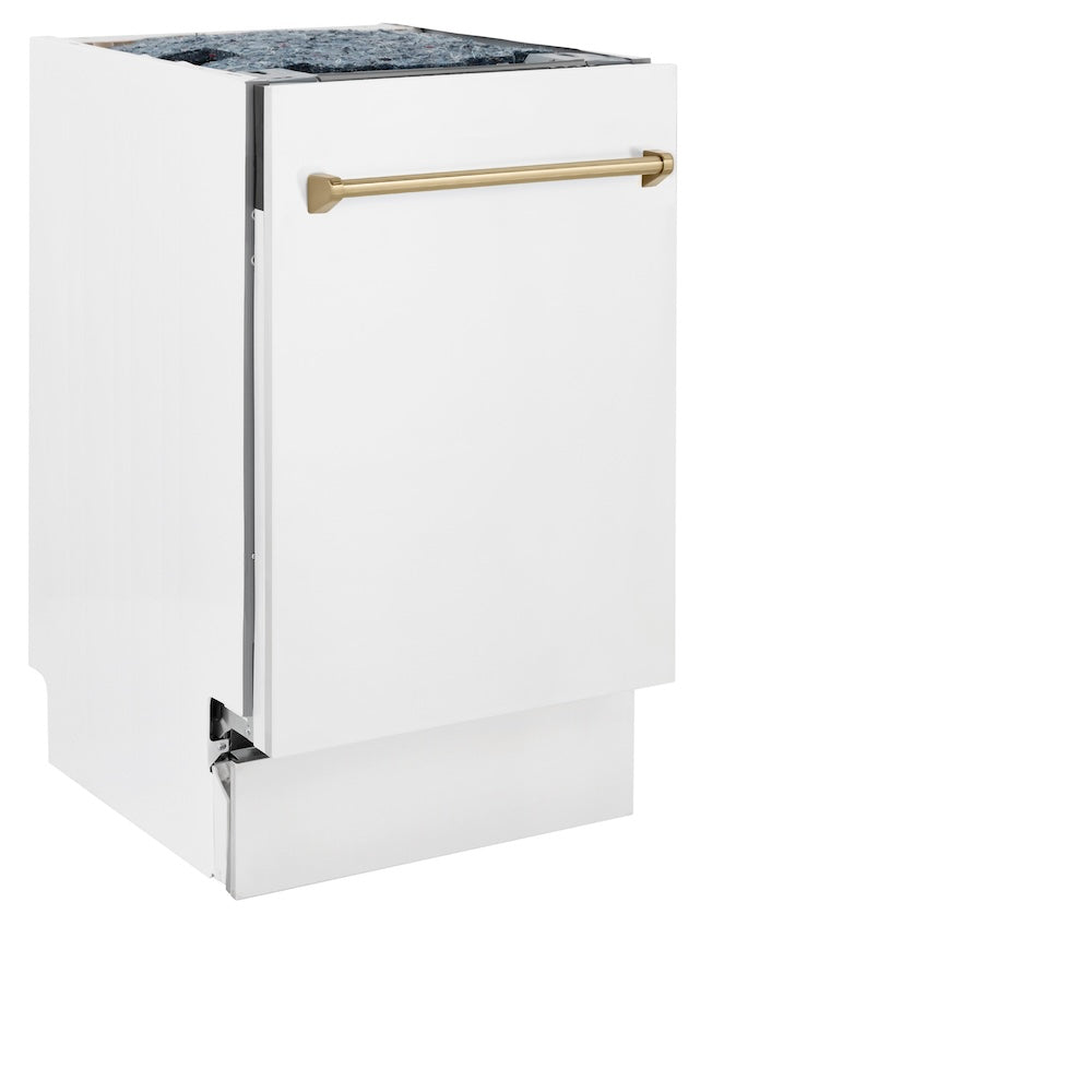 ZLINE Autograph Edition 18” Tallac Series 3rd Rack Top Control Built-In Dishwasher in White Matte with Champagne Bronze Handle, 51dBa (DWVZ-WM-18-CB)