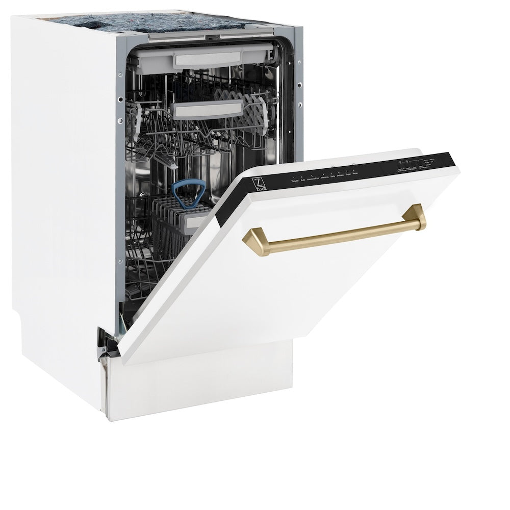 ZLINE Autograph Edition 18” Tallac Series 3rd Rack Top Control Built-In Dishwasher in White Matte with Champagne Bronze Handle, 51dBa (DWVZ-WM-18-CB)