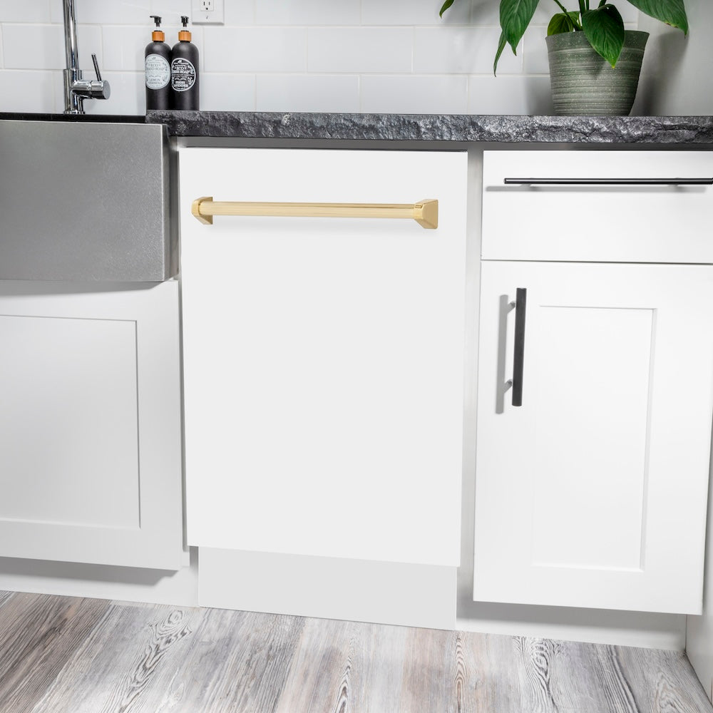 ZLINE Autograph Edition 18” Tallac Series 3rd Rack Top Control Built-In Dishwasher in White Matte with Polished Gold Handle, 51dBa (DWVZ-WM-18-G)