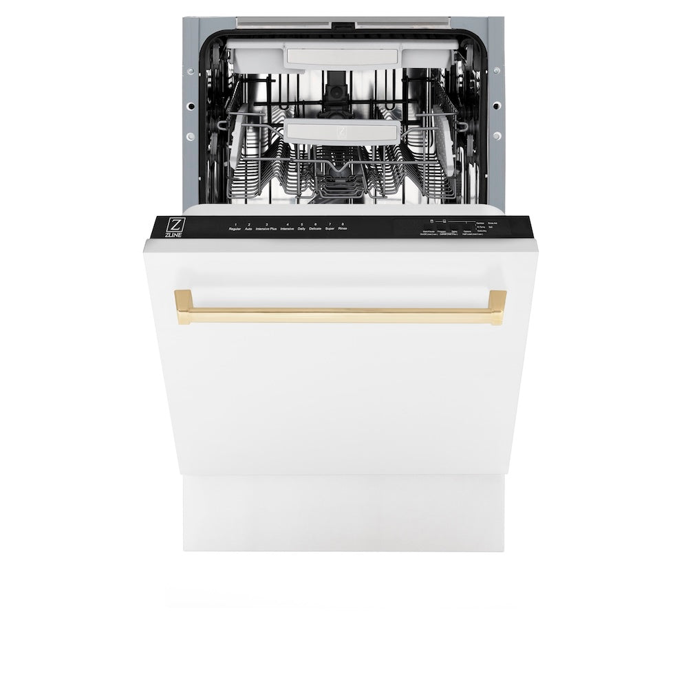 ZLINE Autograph Edition 18” Tallac Series 3rd Rack Top Control Built-In Dishwasher in White Matte with Polished Gold Handle, 51dBa (DWVZ-WM-18-G)