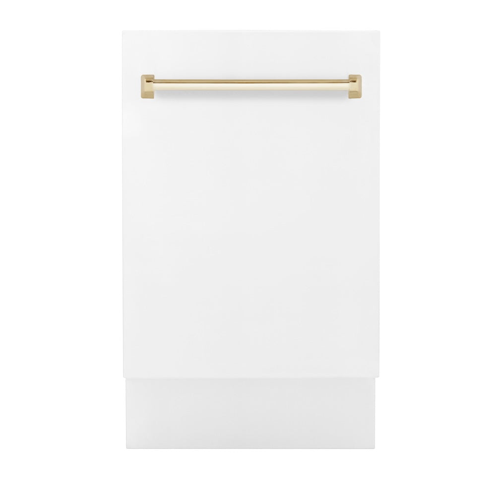 ZLINE Autograph Edition 18” Tallac Series 3rd Rack Top Control Built-In Dishwasher in White Matte with Polished Gold Handle, 51dBa (DWVZ-WM-18-G)