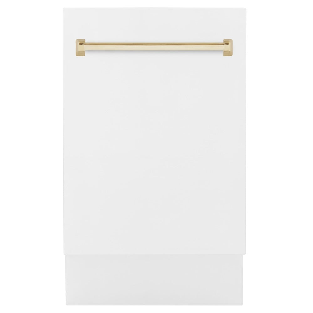 ZLINE Autograph Edition 18” Tallac Series 3rd Rack Top Control Built-In Dishwasher in White Matte with Polished Gold Handle, 51dBa (DWVZ-WM-18-G)