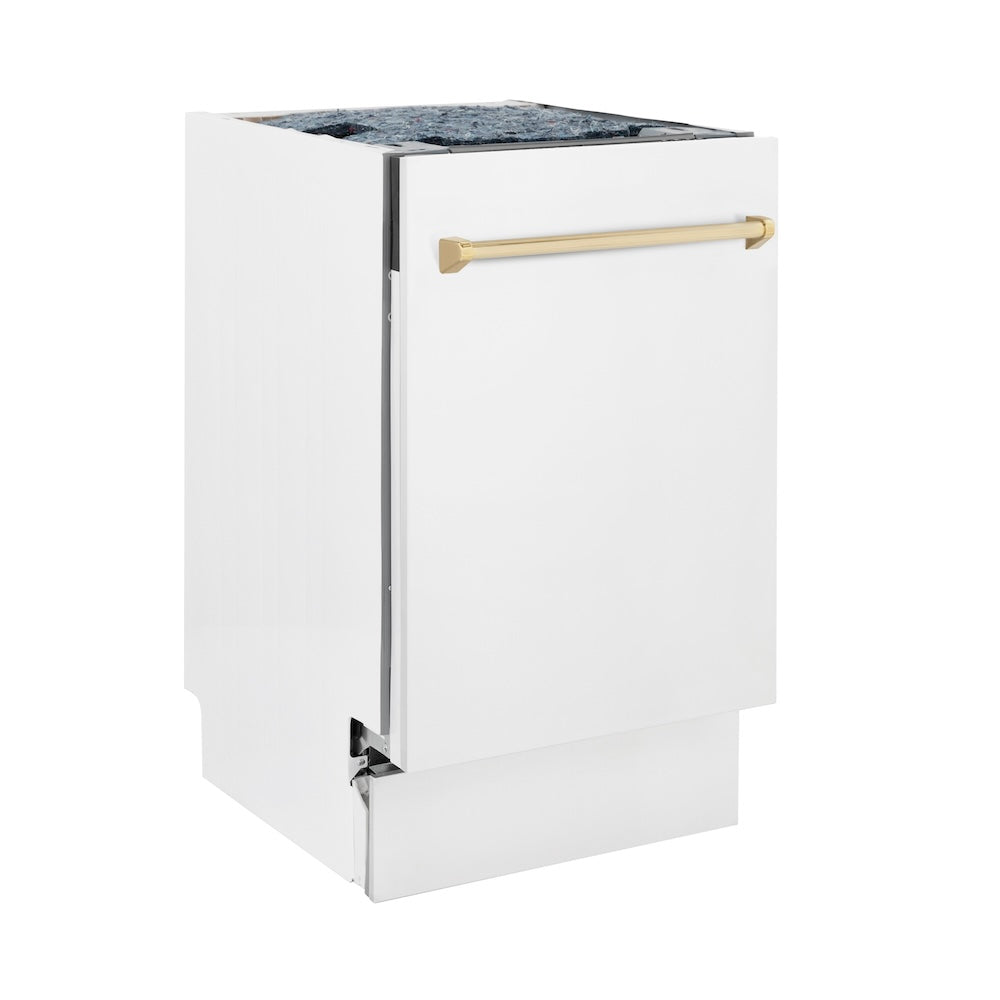ZLINE Autograph Edition 18” Tallac Series 3rd Rack Top Control Built-In Dishwasher in White Matte with Polished Gold Handle, 51dBa (DWVZ-WM-18-G)