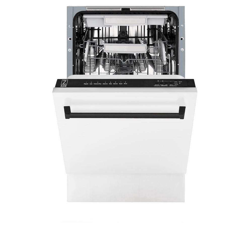 ZLINE Autograph Edition 18” Tallac Series 3rd Rack Top Control Built-In Dishwasher in White Matte with Matte Black Handle, 51dBa (DWVZ-WM-18-MB)