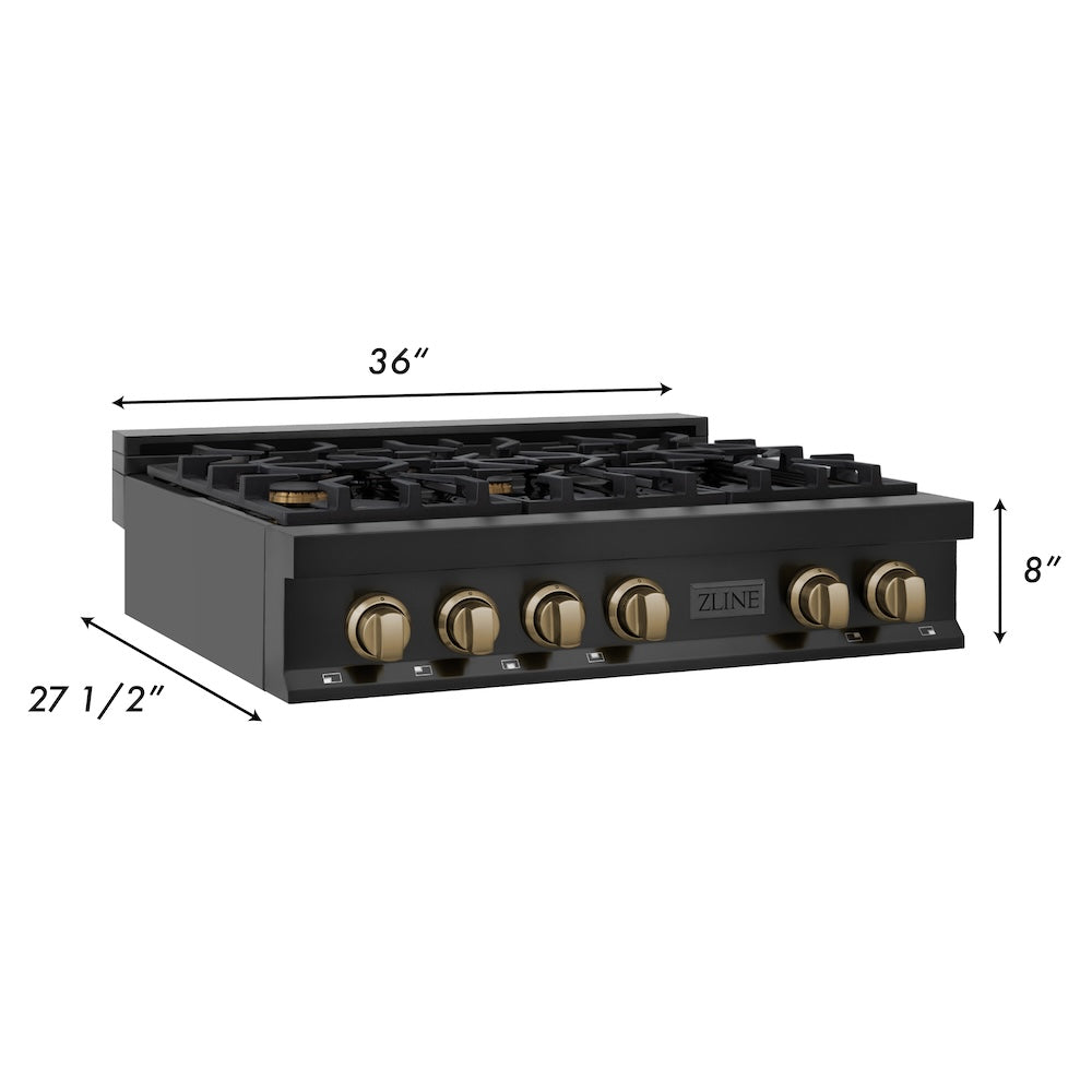 ZLINE Autograph Edition 36 in. Legacy Gas Rangetop with 6 Burners and Porcelain Cooktop in Black Stainless Steel with Champagne Bronze Accents (RTBZ-36-CB)