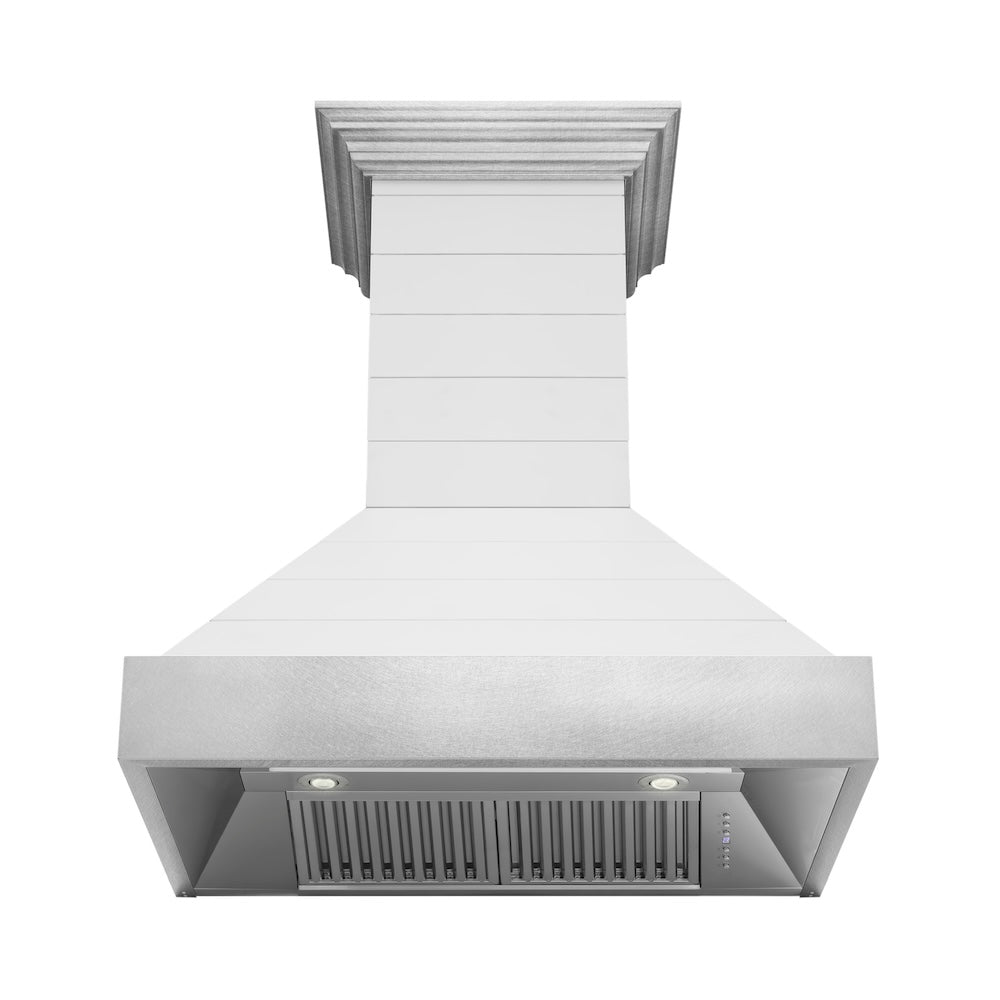 ZLINE 30 in. Wooden Wall Mount Range Hood in Rustic Shiplap Bright White Finish with Stainless Steel Accents (365WW-30)