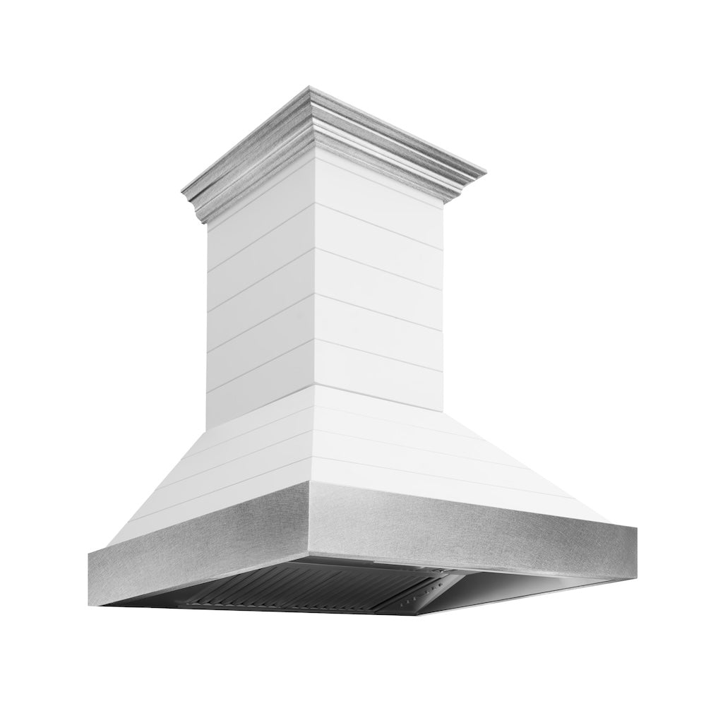 ZLINE 36 in. Wooden Wall Mount Range Hood in Rustic Shiplap Bright White Finish with Stainless Steel Accents (365WW-36)