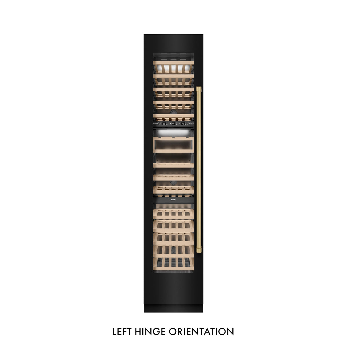 ZLINE Autograph Edition 18 in. 9.0 cu. ft. Triple Zone 68 Bottle Left Hinge Column Wine Cooler in Black Stainless Steel with Champagne Bronze Accents (RCWVLZ-BS-18-CB)
