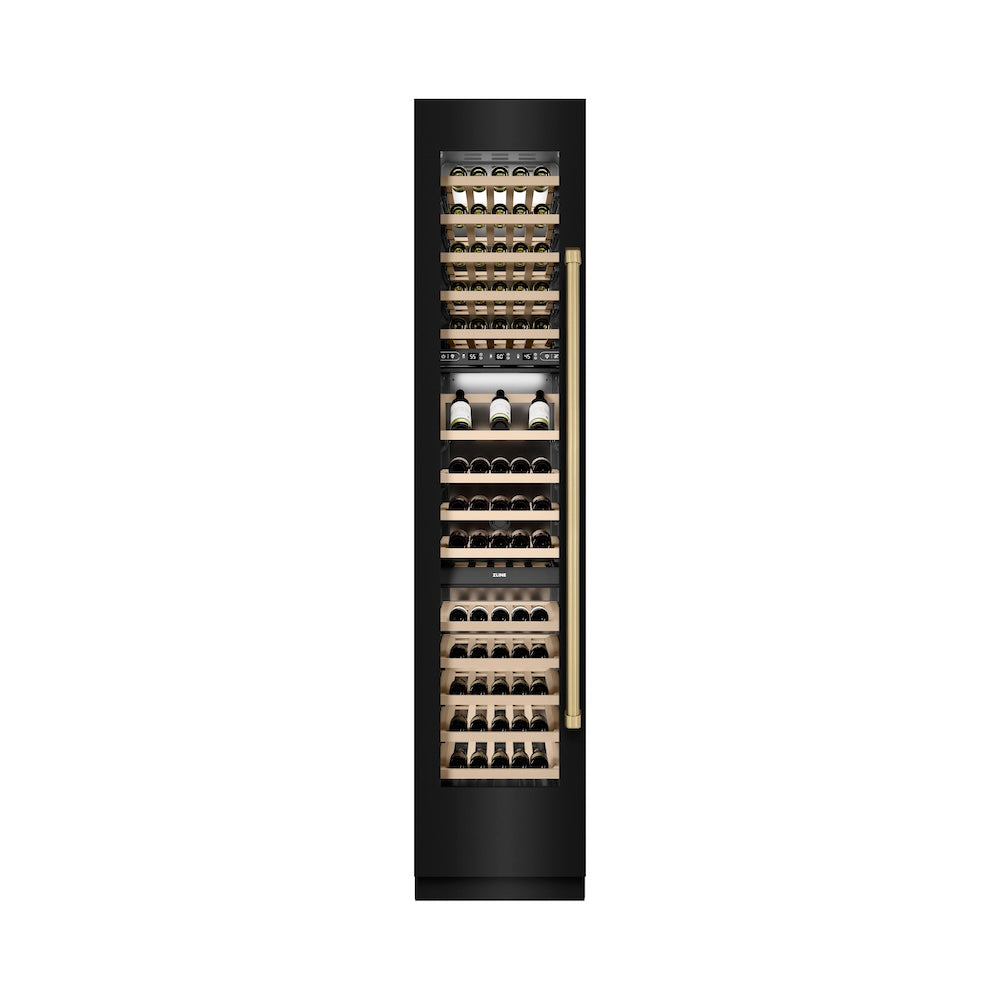 ZLINE Autograph Edition 18 in. 9.0 cu. ft. Triple Zone 68 Bottle Left Hinge Column Wine Cooler in Black Stainless Steel with Champagne Bronze Accents (RCWVLZ-BS-18-CB)