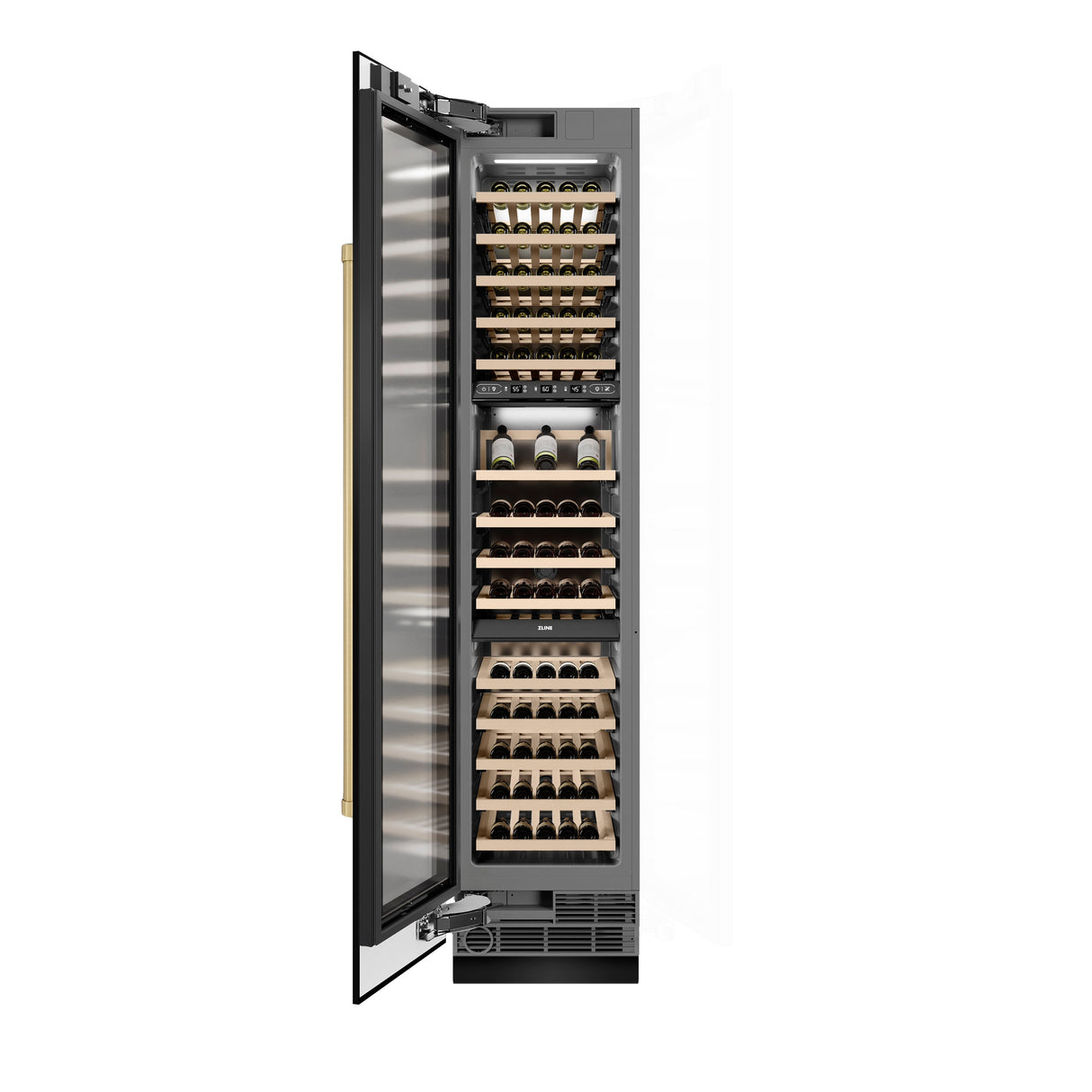 ZLINE Autograph Edition 18 in. 9.0 cu. ft. Triple Zone 68 Bottle Left Hinge Column Wine Cooler in Black Stainless Steel with Champagne Bronze Accents (RCWVLZ-BS-18-CB)
