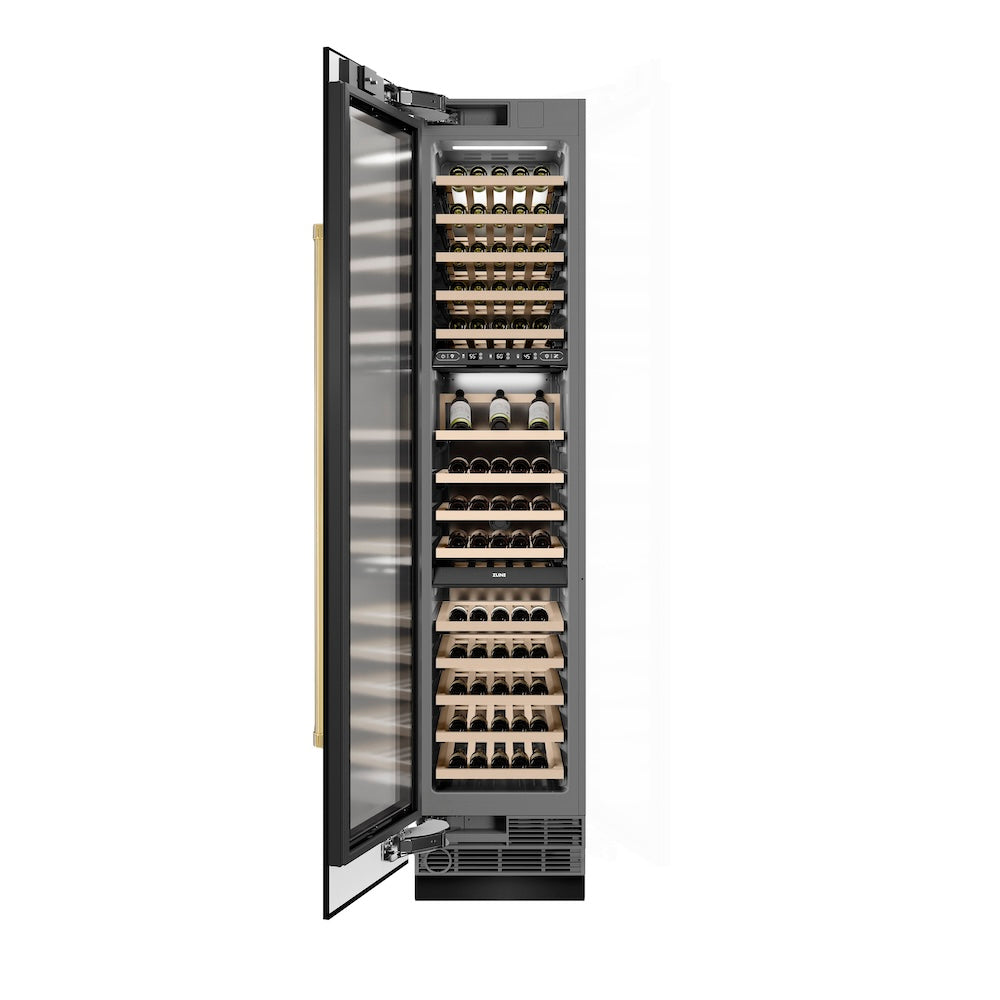 ZLINE Autograph Edition 18 in. 9.0 cu. ft. Triple Zone 68 Bottle Left Hinge Column Wine Cooler in Black Stainless Steel with Polished Gold Accents (RCWVLZ-BS-18-G)
