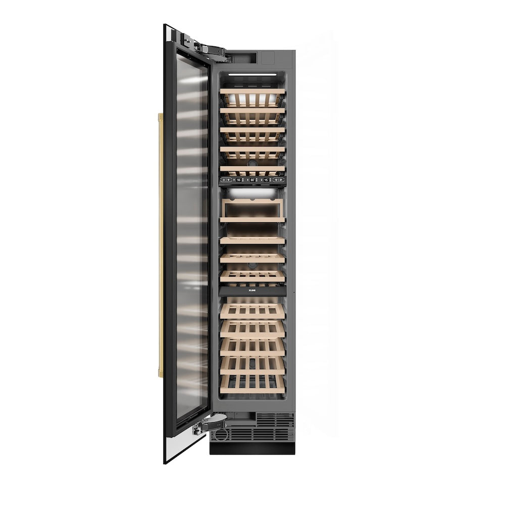 ZLINE Autograph Edition 18 in. 9.0 cu. ft. Triple Zone 68 Bottle Left Hinge Column Wine Cooler in Black Stainless Steel with Polished Gold Accents (RCWVLZ-BS-18-G)