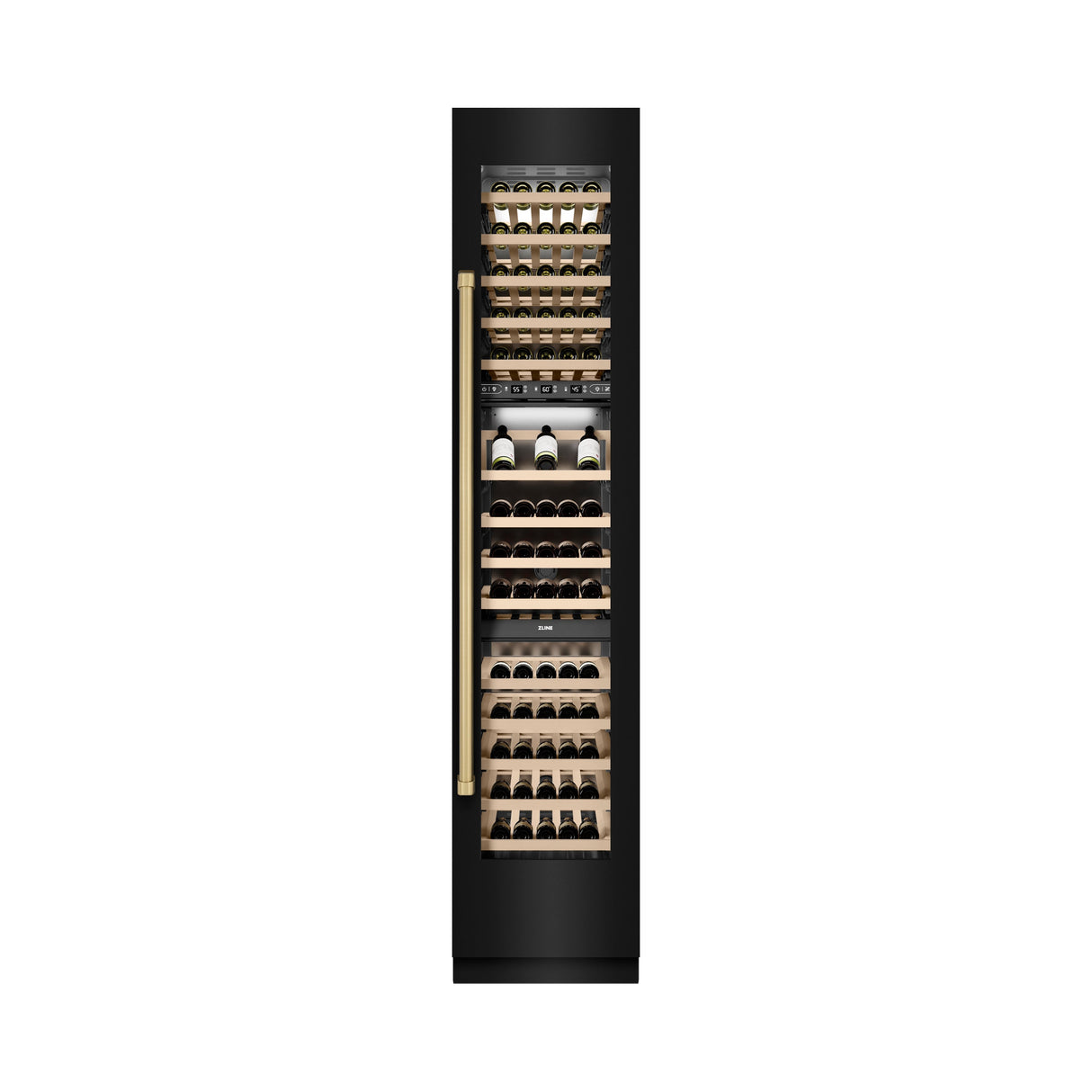 ZLINE Autograph Edition 18 in. 9.0 cu. ft. Triple Zone 68 Bottle Right Hinge Column Wine Cooler in Black Stainless Steel with Champagne Bronze Accents (RCWVRZ-BS-18-CB)