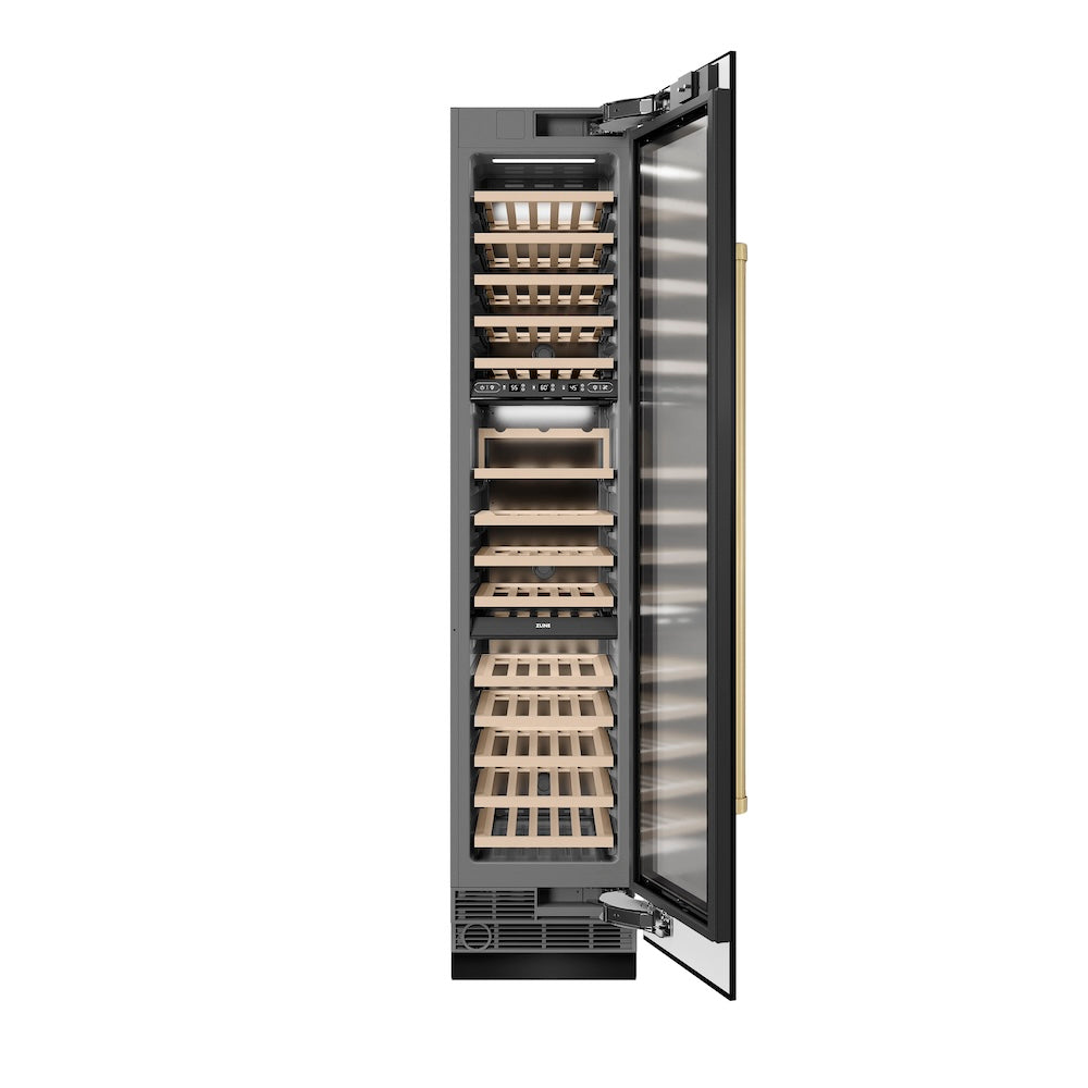 ZLINE Autograph Edition 18 in. 9.0 cu. ft. Triple Zone 68 Bottle Right Hinge Column Wine Cooler in Black Stainless Steel with Champagne Bronze Accents (RCWVRZ-BS-18-CB)