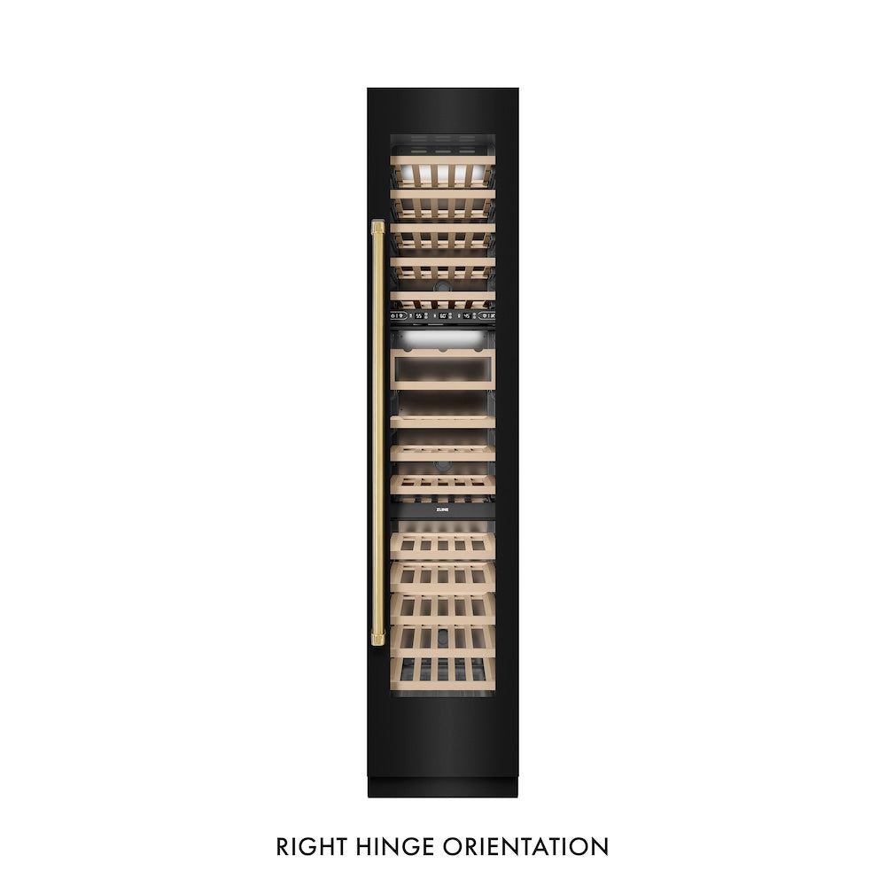ZLINE Autograph Edition 18 in. 9.0 cu. ft. Triple Zone 68 Bottle Right Hinge Column Wine Cooler in Black Stainless Steel with Polished Gold Accents (RCWVRZ-BS-18-G)