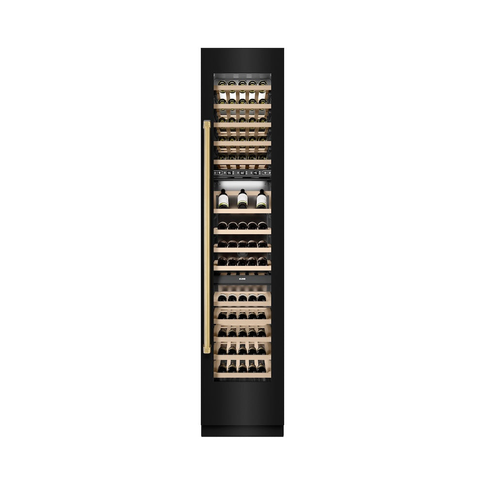 ZLINE Autograph Edition 18 in. 9.0 cu. ft. Triple Zone 68 Bottle Right Hinge Column Wine Cooler in Black Stainless Steel with Polished Gold Accents (RCWVRZ-BS-18-G)