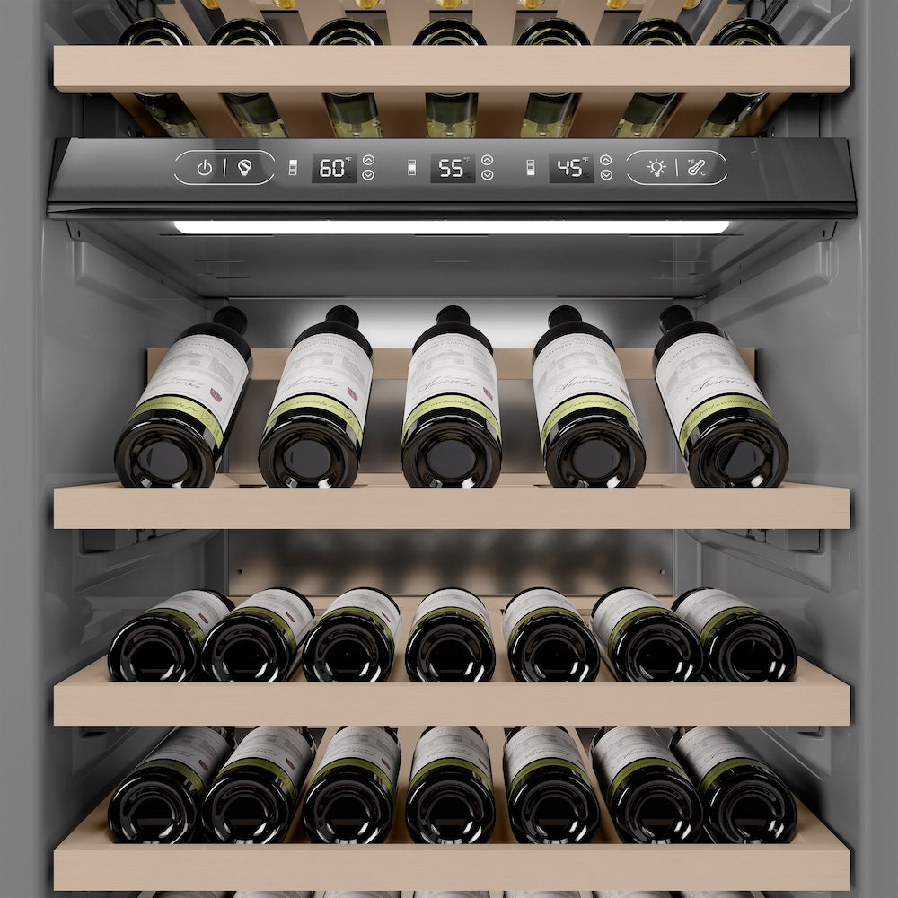 ZLINE Autograph Edition 24 in. 12.4 cu. ft. Triple Zone 100 Bottle Column Wine Cooler in Black Stainless Steel and Champagne Bronze Accents (RCWVZ-BS-24-CB)