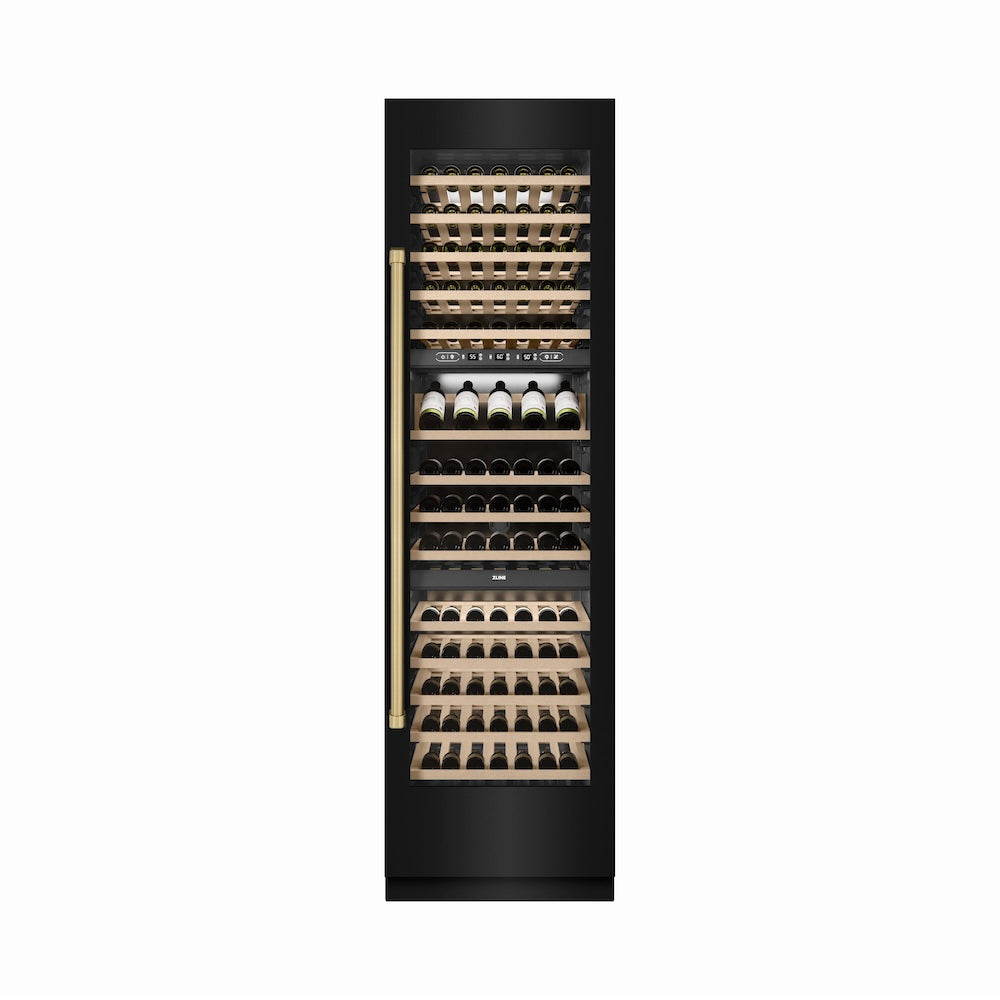 ZLINE Autograph Edition 24 in. 12.4 cu. ft. Triple Zone 100 Bottle Column Wine Cooler in Black Stainless Steel and Champagne Bronze Accents (RCWVZ-BS-24-CB)