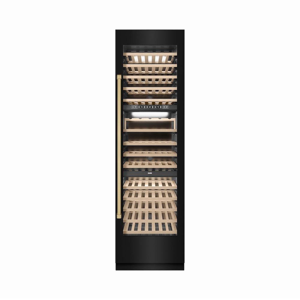 ZLINE Autograph Edition 24 in. 12.4 cu. ft. Triple Zone 100 Bottle Column Wine Cooler in Black Stainless Steel and Champagne Bronze Accents (RCWVZ-BS-24-CB)