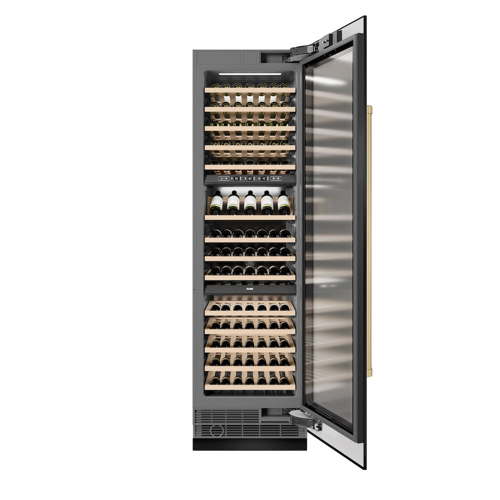 ZLINE Autograph Edition 24 in. 12.4 cu. ft. Triple Zone 100 Bottle Column Wine Cooler in Black Stainless Steel and Champagne Bronze Accents (RCWVZ-BS-24-CB)