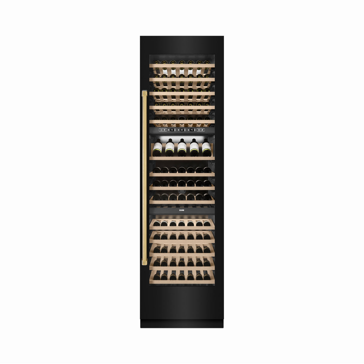 ZLINE Autograph Edition 24 in. 12.4 cu. ft. Triple Zone 100 Bottle Column Wine Cooler in Black Stainless Steel and Polished Gold Accents (RCWVZ-BS-24-G)