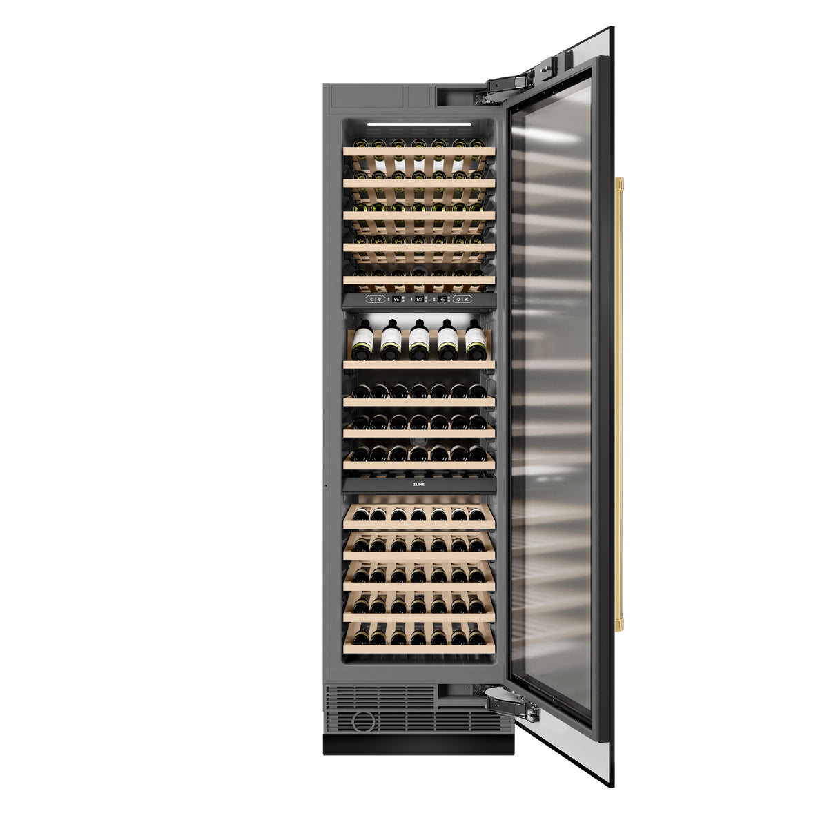ZLINE Autograph Edition 24 in. 12.4 cu. ft. Triple Zone 100 Bottle Column Wine Cooler in Black Stainless Steel and Polished Gold Accents (RCWVZ-BS-24-G)