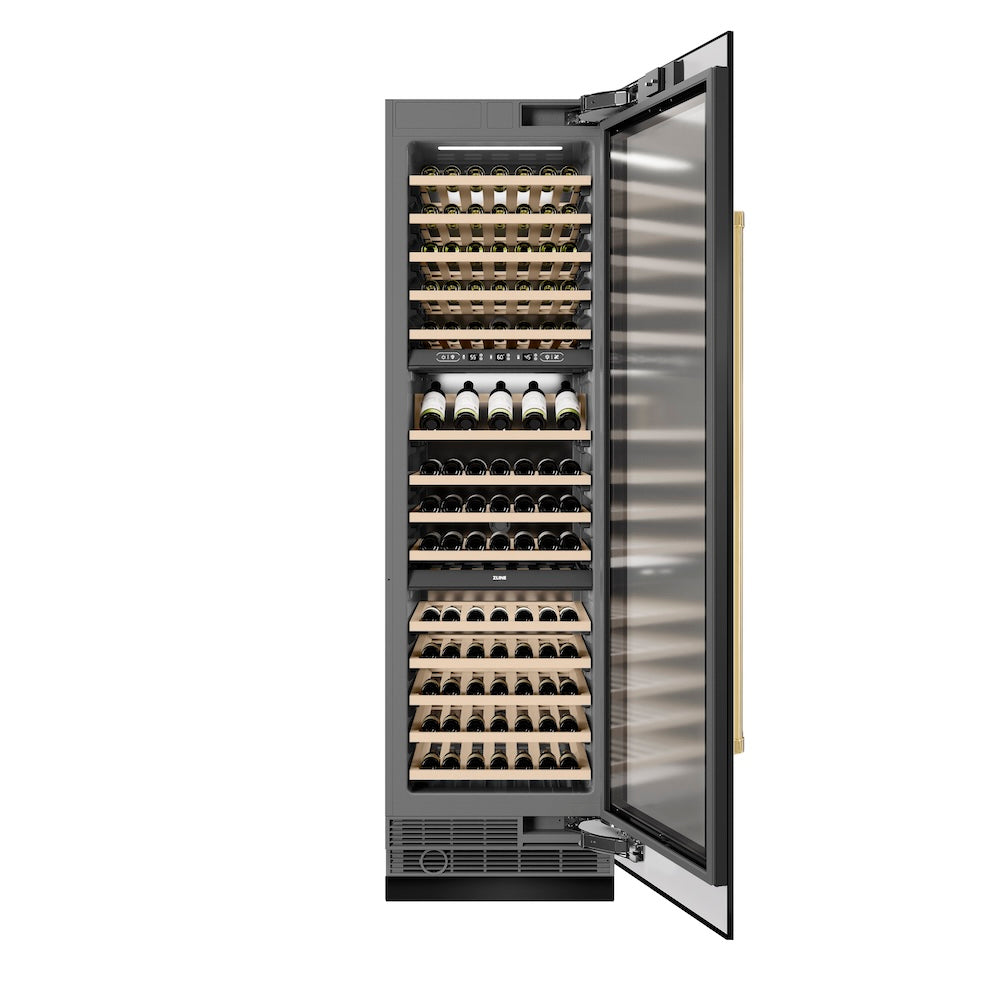 ZLINE Autograph Edition 24 in. 12.4 cu. ft. Triple Zone 100 Bottle Column Wine Cooler in Black Stainless Steel and Polished Gold Accents (RCWVZ-BS-24-G)