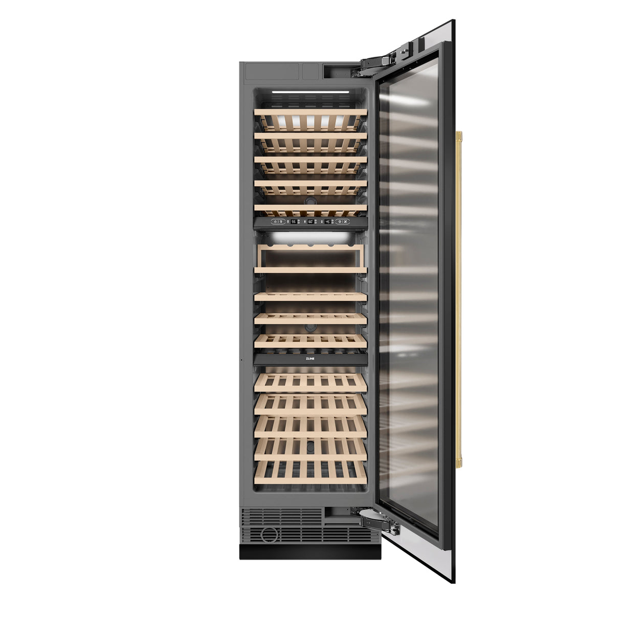 ZLINE Autograph Edition 24 in. 12.4 cu. ft. Triple Zone 100 Bottle Column Wine Cooler in Black Stainless Steel and Polished Gold Accents (RCWVZ-BS-24-G)