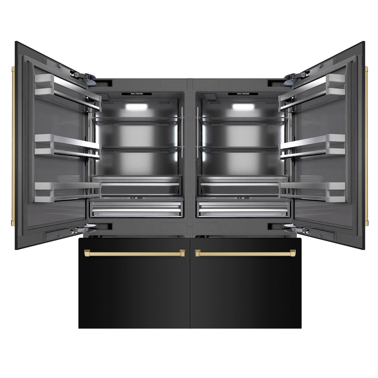 ZLINE Autograph Edition 72 in. 39.6 cu. ft. French Door Built-In Bottom Freezer Refrigerator with Water Dispensers and Ice Makers in Black Stainless Steel with Graphite Gray Interior and Champagne Bronze Accents (GRBITZ-BS-72-CB)