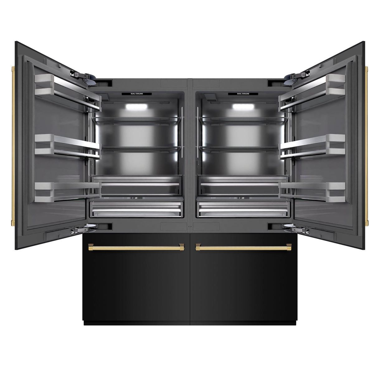 ZLINE Autograph Edition 72 in. 39.6 cu. ft. French Door Built-In Bottom Freezer Refrigerator with Water Dispensers and Ice Makers in Black Stainless Steel with Graphite Gray Interior and Polished Gold Accents (GRBITZ-BS-72-G)
