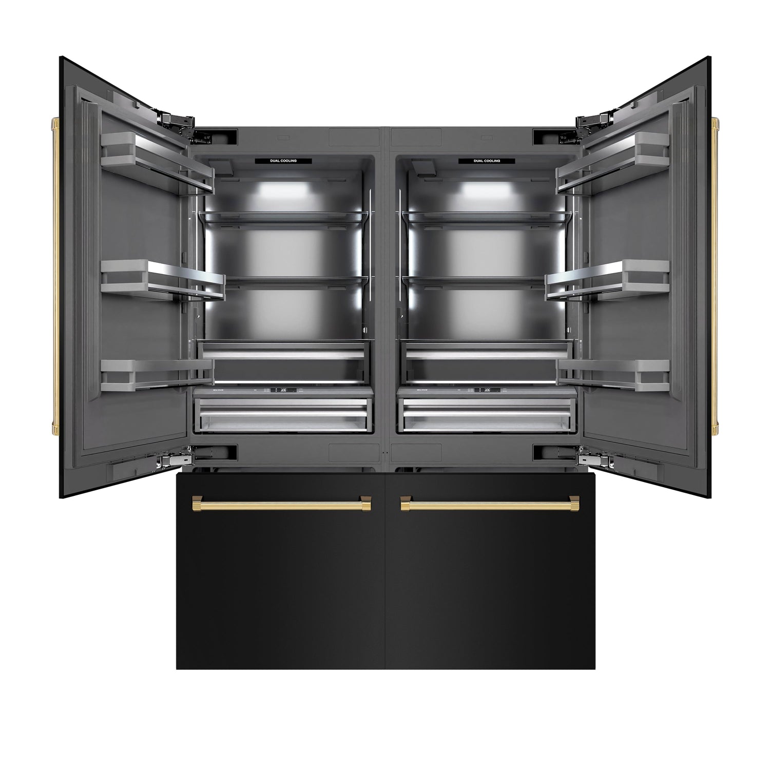 ZLINE Autograph Edition 60 in. 32.2 cu. ft. French Door Built-In Bottom Freezer Refrigerator with Water Dispenser and Ice Maker in Black Stainless Steel with Graphite Gray Interior and Polished Gold Accents (GRBIVZ-BS-60-G)