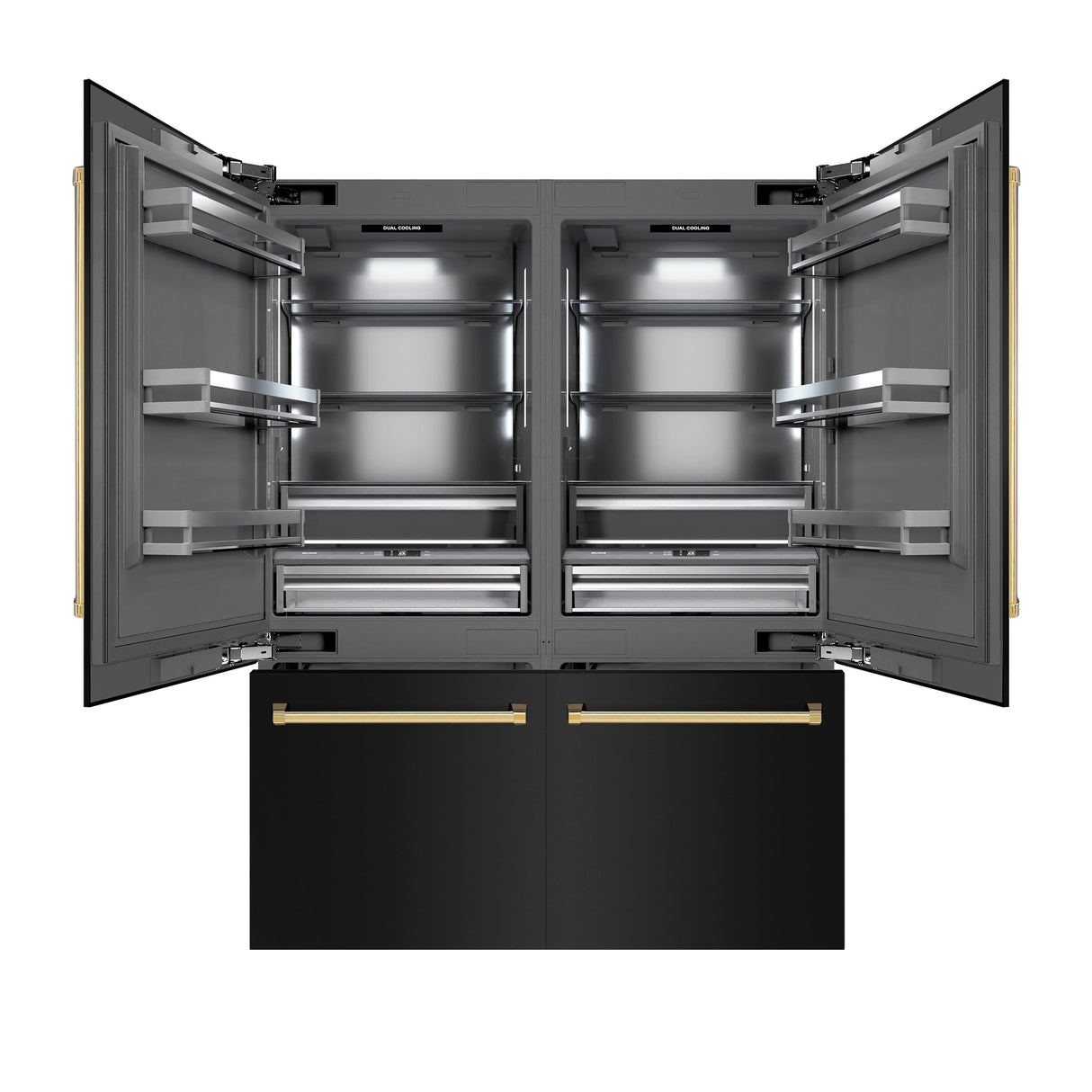 ZLINE Autograph Edition 60 in. 32.2 cu. ft. French Door Built-In Bottom Freezer Refrigerator with Water Dispenser and Ice Maker in Black Stainless Steel with Graphite Gray Interior and Polished Gold Accents (GRBIVZ-BS-60-G)