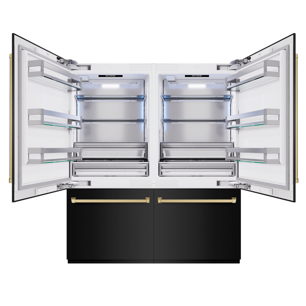 ZLINE Autograph Edition 72 in. 39.6 cu. ft. French Door Built-In Bottom Freezer Refrigerator with Water Dispensers and Ice Makers in Black Stainless Steel and Champagne Bronze Accents (RBITZ-BS-72-CB)