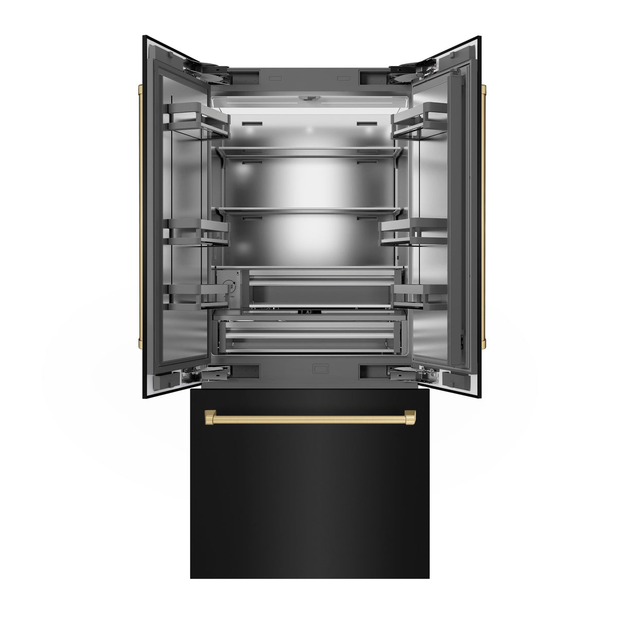 ZLINE Autograph Edition 36 in. 19.6 cu. ft. French Door Built-In Bottom Freezer Refrigerator with Water Dispenser and Ice Maker in Black Stainless Steel with Stainless Steel Interior and Champagne Bronze Accents (SRBIVZ-BS-36-CB)