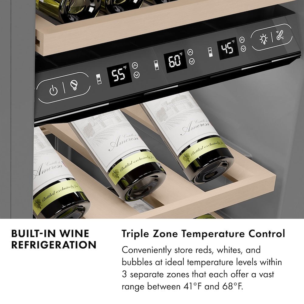 ZLINE Autograph Edition 24 in. 12.4 cu. ft. Triple Zone 100 Bottle Column Wine Cooler in Satin Stainless Steel and Polished Gold Accents (RCWVZ-SN-24-G)