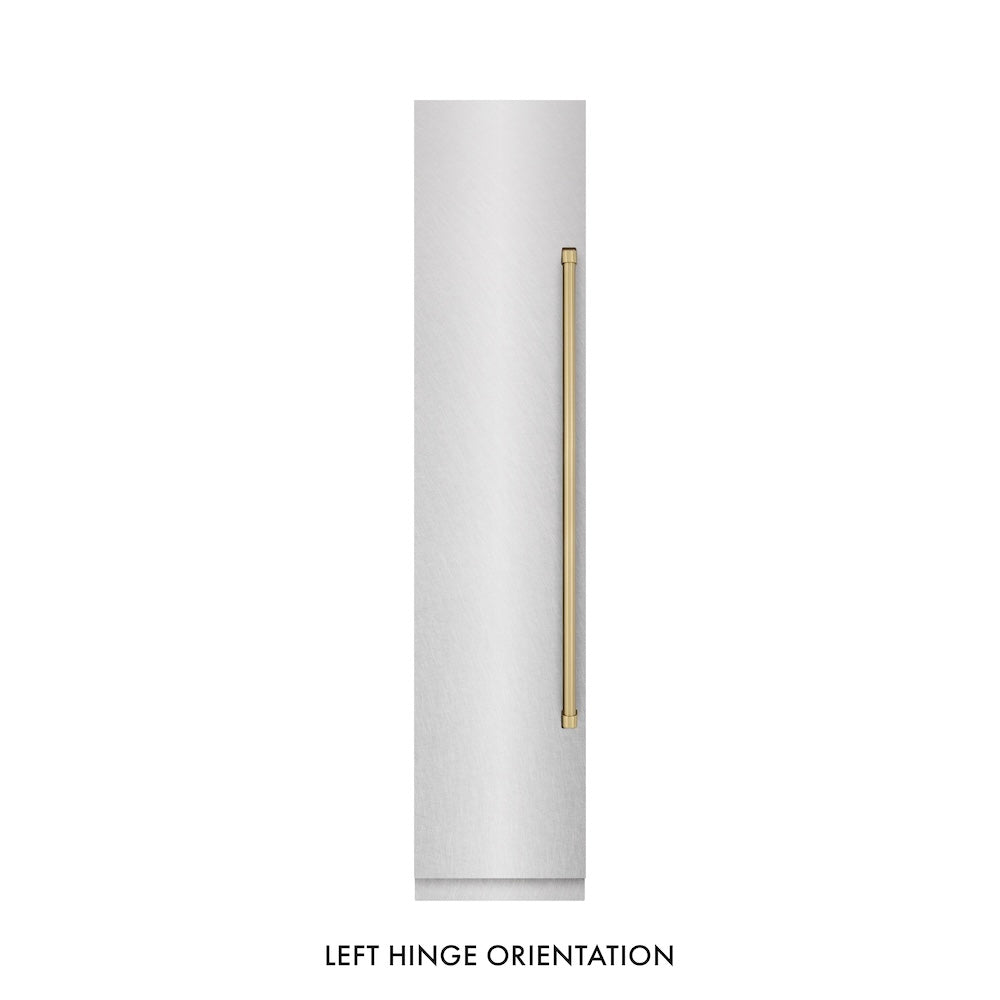 ZLINE Autograph Edition 18 in. 8.6 cu. ft. Left Hinge Column Freezer in Satin Stainless Steel with Graphite Gray Interior and Champagne Bronze Accents (RCFVLZ-SN-18-CB)