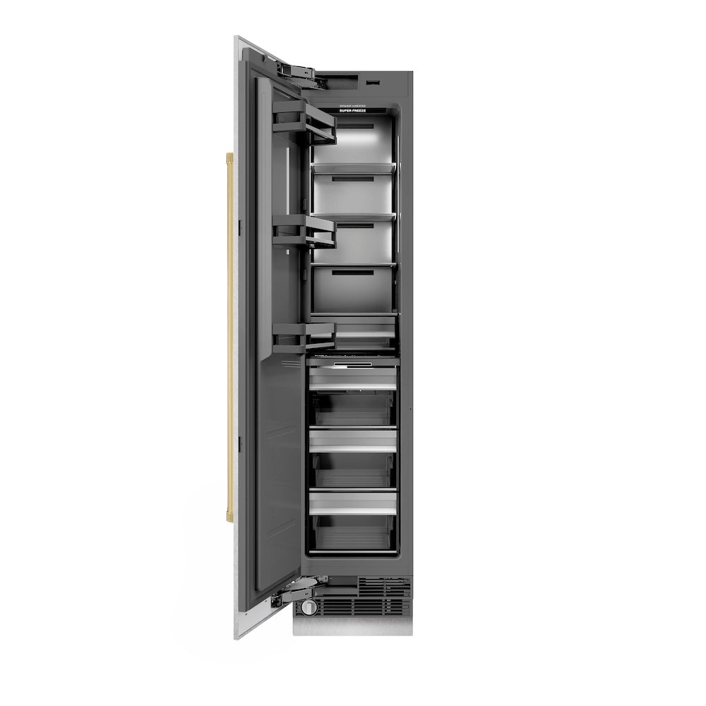 ZLINE Autograph Edition 18 in. 8.6 cu. ft. Left Hinge Column Freezer in Satin Stainless Steel with Graphite Gray Interior and Polished Gold Accents (RCFVLZ-SN-18-G)