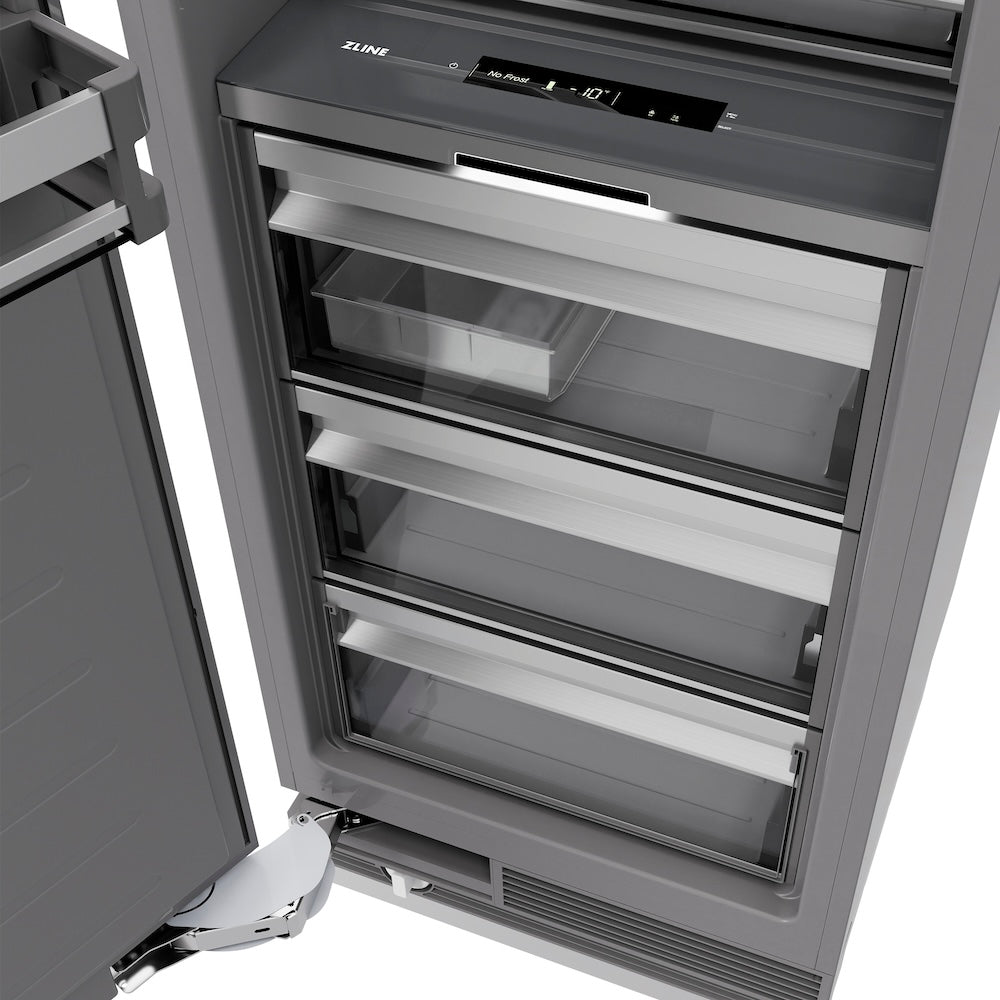 ZLINE Autograph Edition 18 in. 8.6 cu. ft. Left Hinge Column Freezer in Satin Stainless Steel with Graphite Gray Interior and Matte Black Accents (RCFVLZ-SN-18-MB)