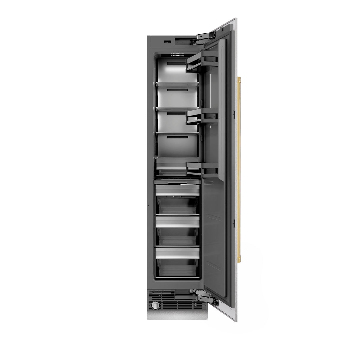 ZLINE Autograph Edition 18 in. 8.6 cu. ft. Right Hinge Column Freezer in Satin Stainless Steel with Graphite Gray Interior and Polished Gold Accents (RCFVRZ-SN-18-G)